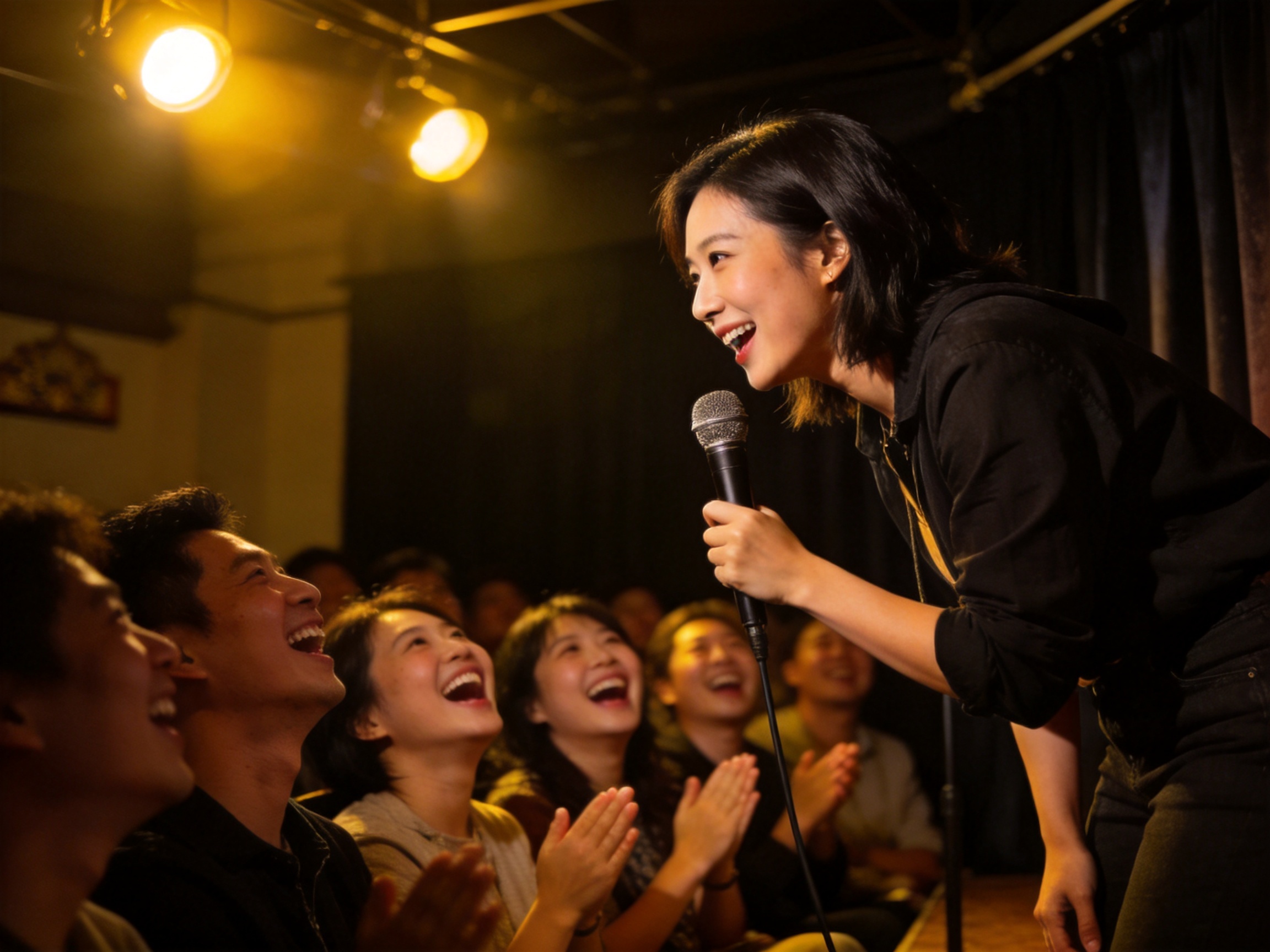 一位脱口秀演员在舞台上与观众互动，现场笑声不断